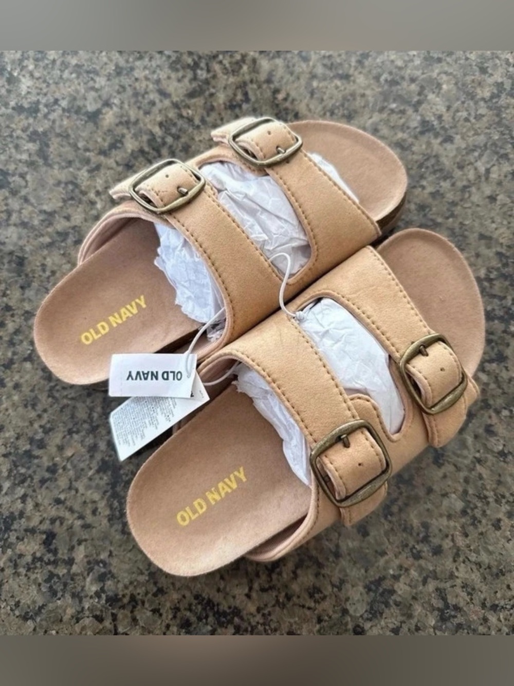 Old Navy Kids' Tan Double-Buckle Slide Sandals with Metal Buckles